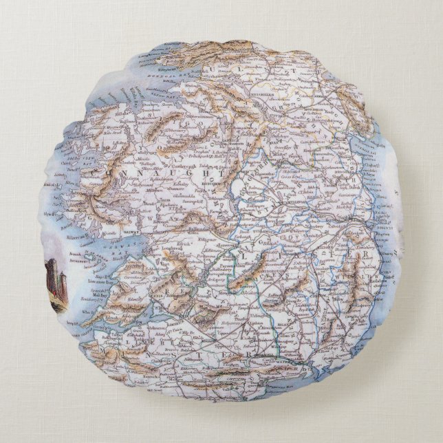 Almofada Redonda Mapa: Ireland, 1851 (Frente)