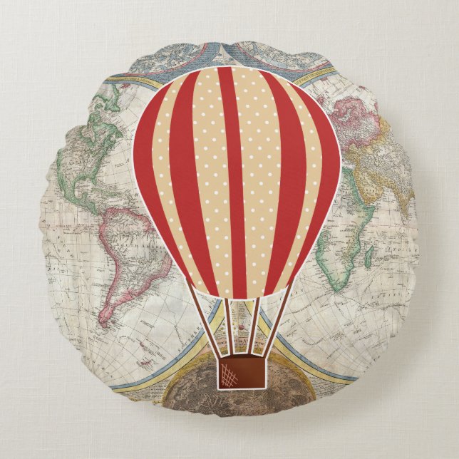 Almofada Redonda Mapa Mundial do Balão de Ar Quente da Vintage Adve (Frente)