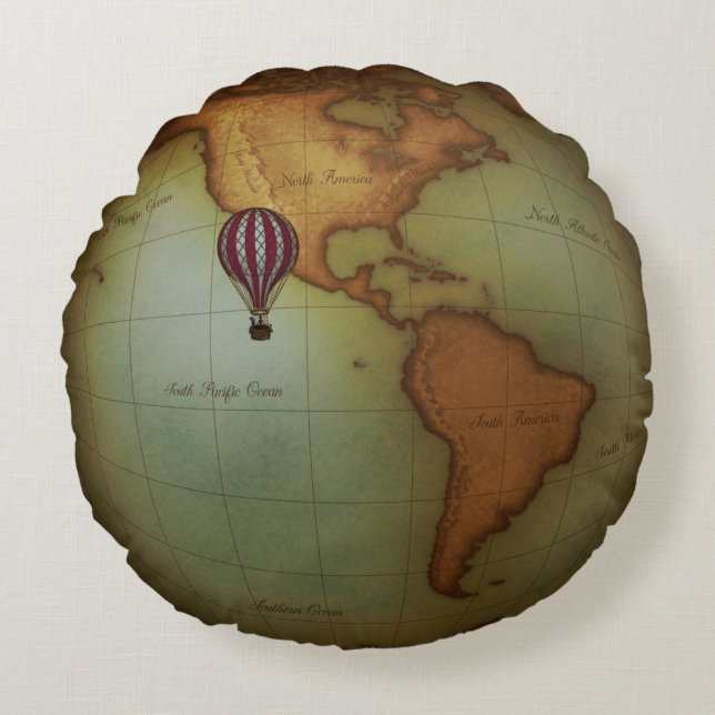 Almofada Redonda Mapa Mundial Steampunk com Avião e Balão de Ar Que (Frente)