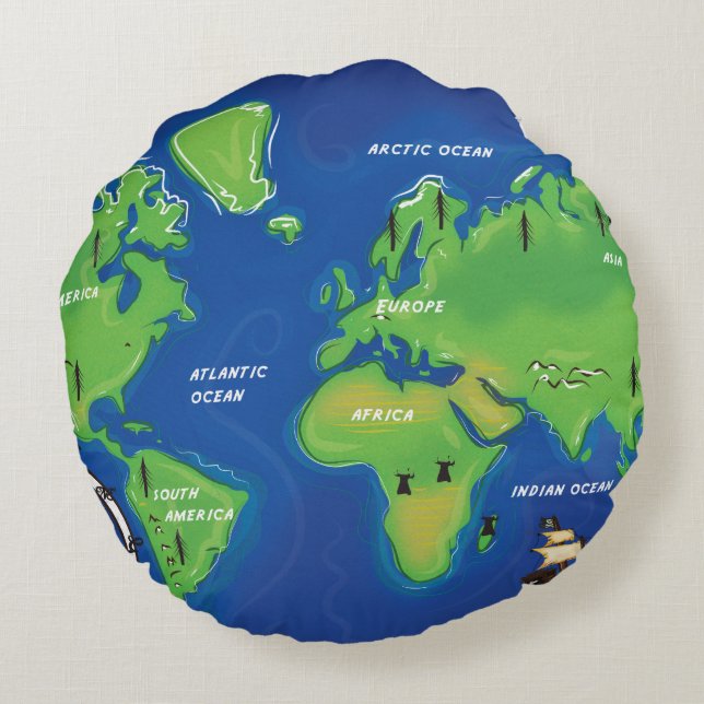 Almofada Redonda Mapa Vintage do mundo. (Verso)