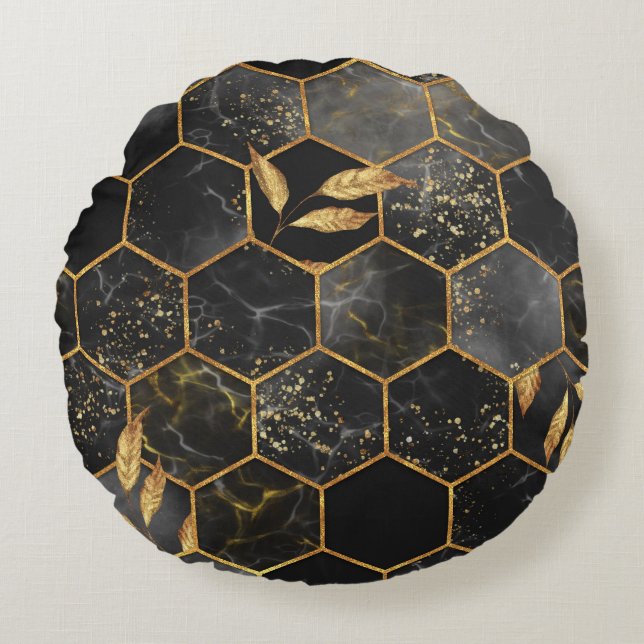 Almofada Redonda Marble Hexagon, Ouro Deixa Textura. (Frente)