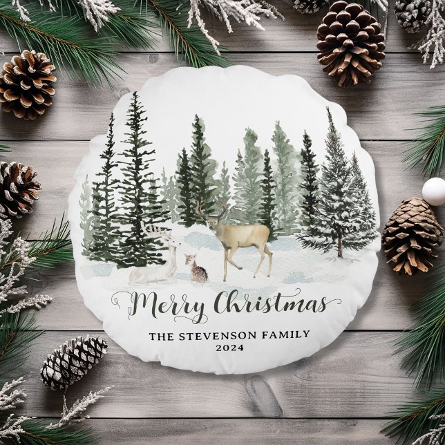 Almofada Redonda Marcha de Natal Personalizada (Personalized Watercolor Woodland Merry Christmas Round Pillow)