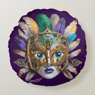 Almofada Redonda Mardi Gras Feather e Metal Mask