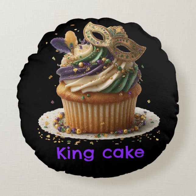Almofada Redonda Mardi Gras Masked Cupcake Celebration (Frente)
