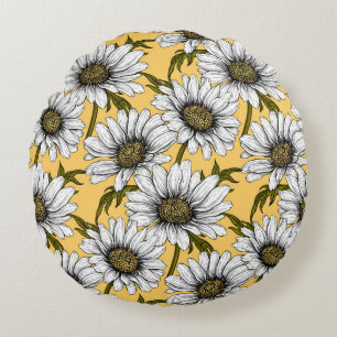 Almofada Redonda Margaridas brancas, flores silvestres em amarelo