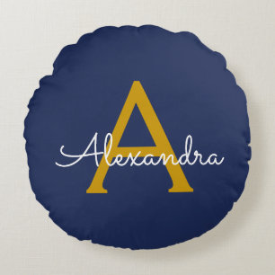 Almofada Redonda Marinho Azul Dourado Script Modern Girly Monogram