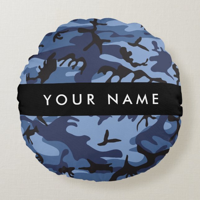 Almofada Redonda Marinho Camuflagem Azul Seu nome Personaliza (Frente)