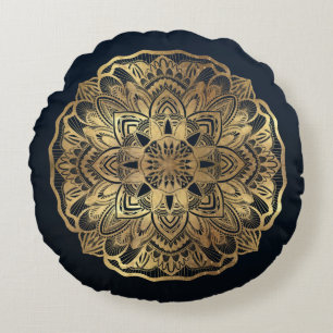 Almofada Redonda Marinho Moderno Chic Blue Dourado Mandala