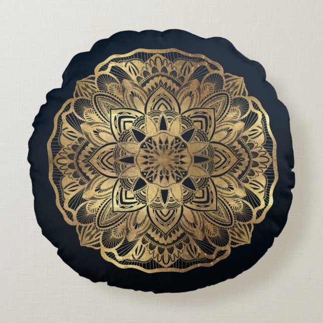 Almofada Redonda Marinho Moderno Chic Blue Dourado Mandala (Frente)