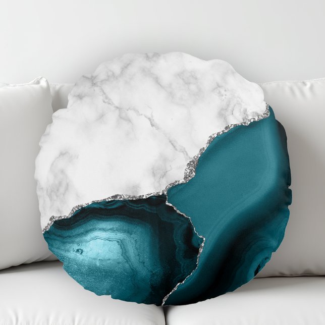 Almofada Redonda Mármore Branco Ágata Verde Turquesa Prata (Criador carregado)