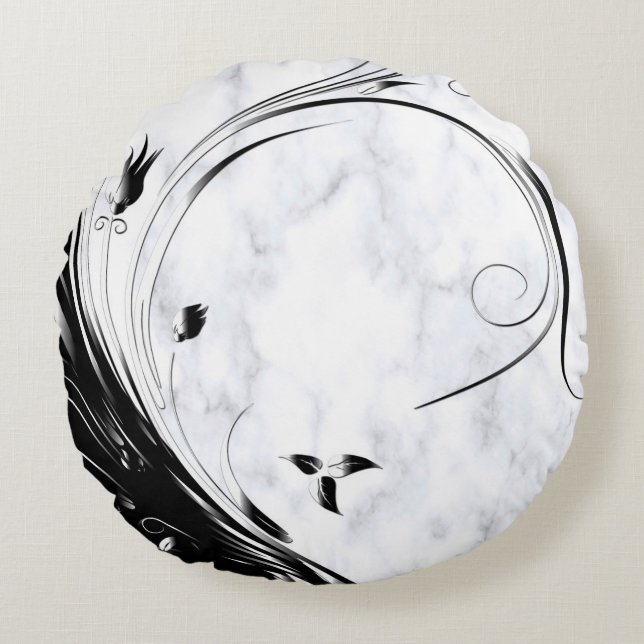 Almofada Redonda Mármore Branco, Gráfico de Filigrana Preta (Frente)