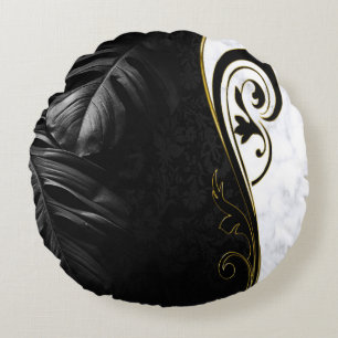 Almofada Redonda Mármore Branco, Preto, Dourado