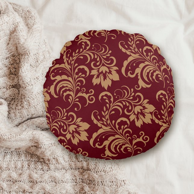 Almofada Redonda Maroon Dourado Floral Swirl (Criador carregado)