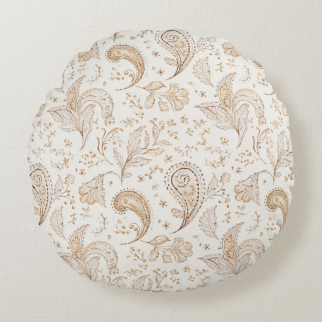 Almofada Redonda Marrom Creme Boho Boêmio (Frente)