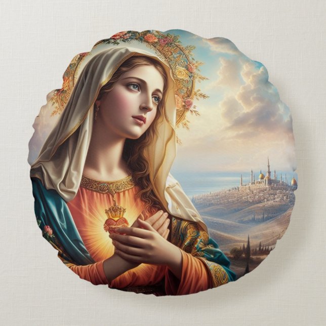 Almofada Redonda Mary Virgin Jesus (Frente)