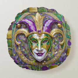 Almofada Redonda Máscara de Jester Mardi Gras Roxo Verde Dourado