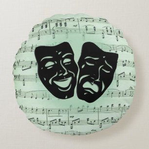Almofada Redonda Máscaras Gregas de Música Verde e Teatro