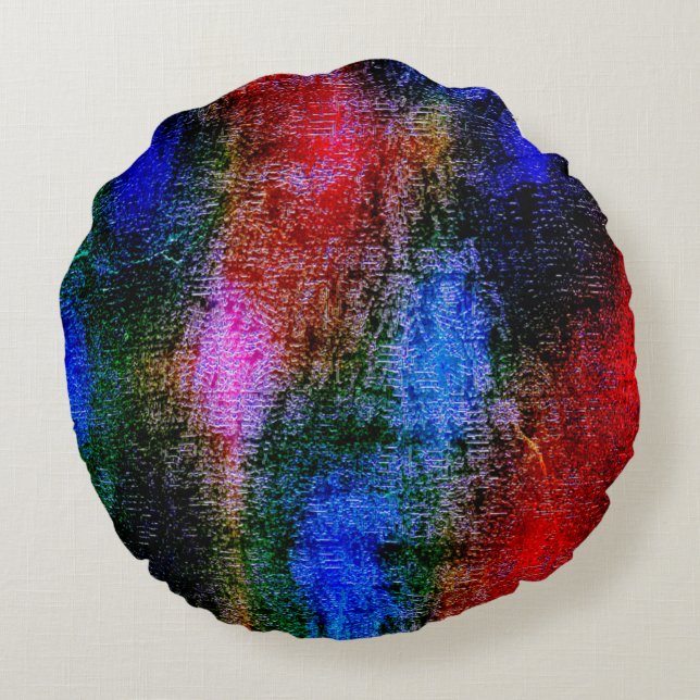 Almofada Redonda Matérias azuis e vermelhas esfoladas com "tinta a  (Verso)