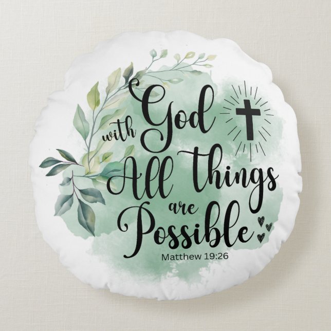 Almofada Redonda Matthew 19:26 Com Deus todas as coisas Possíveis F (Frente)