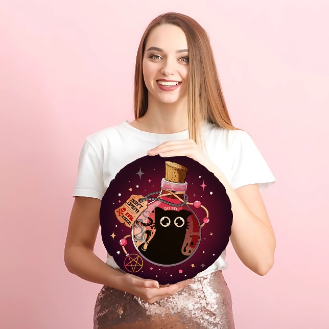 Almofada Redonda Mau de Garrafa Rosa Decepcionante Espírito De Gato (Criador carregado)