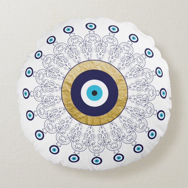 Almofada Redonda Mau Reversível Mandala em branco e azul Dourados (Frente)