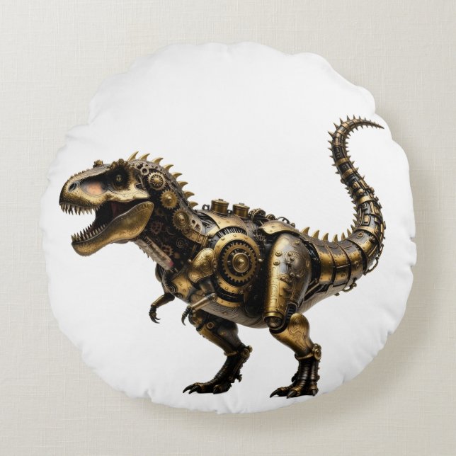 Almofada Redonda Mecânico T-Rex Steampunk – Fera Dino de Latão (Frente)