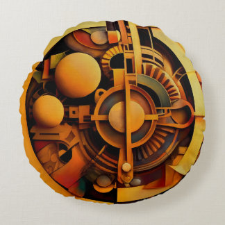 Almofada Redonda Mecanismo Dourado Abstrato Steampunk