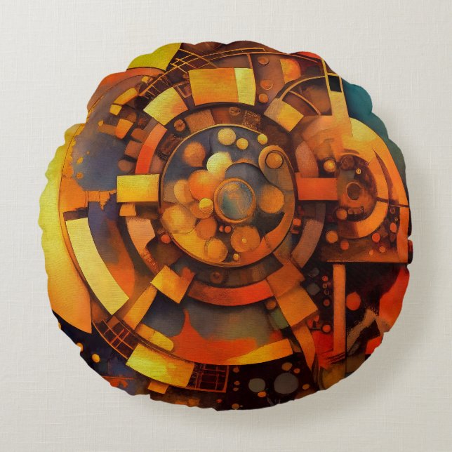 Almofada Redonda Mecanismo Solar Steampunk Abstrato (Frente)