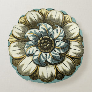 Almofada Redonda Medalha Floral Ornamentado sobre fundo azul claro