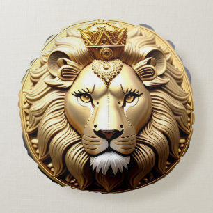 Almofada Redonda Medalhão Leão Dourado Com Coroa