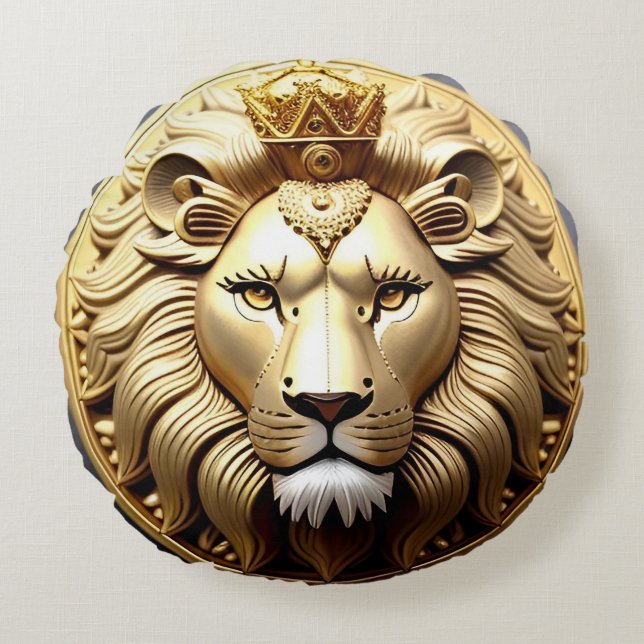 Almofada Redonda Medalhão Leão Dourado Com Coroa (Frente)