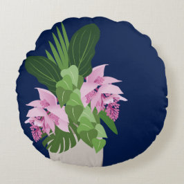 Almofada Redonda Medinilla Tropical Flor Rosa Vase Azul Escuro