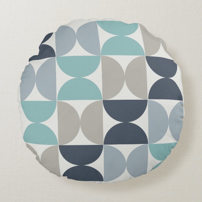 Almofada Redonda Médio século Verde azul moderno e cinzas (Frente)