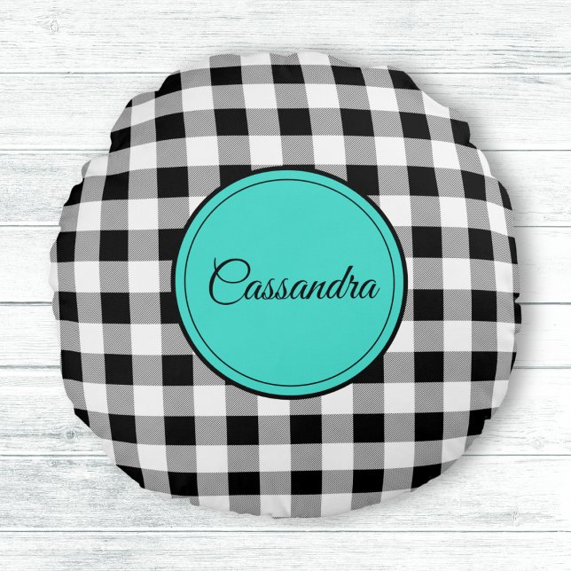 Almofada Redonda Meditação de Cheque de Buffalo Preto e Branco (Criador carregado)