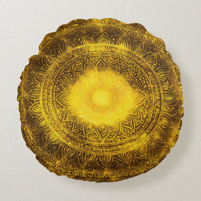 Almofada Redonda Meditação Solar Plexus Chakra Yellow Mandala (Frente)