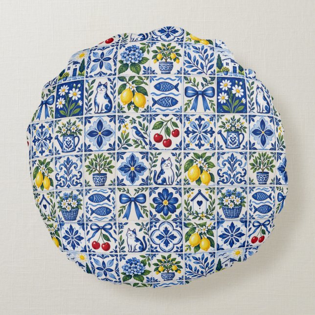 Almofada Redonda Mediterranean Lemon & Cobalt Blue Tile Garden (Verso)