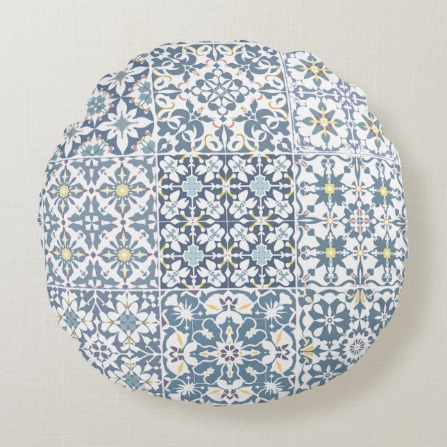 Almofada Redonda Mediterranean Tiles, Moroccan, Majolica, Azulejo (Frente)