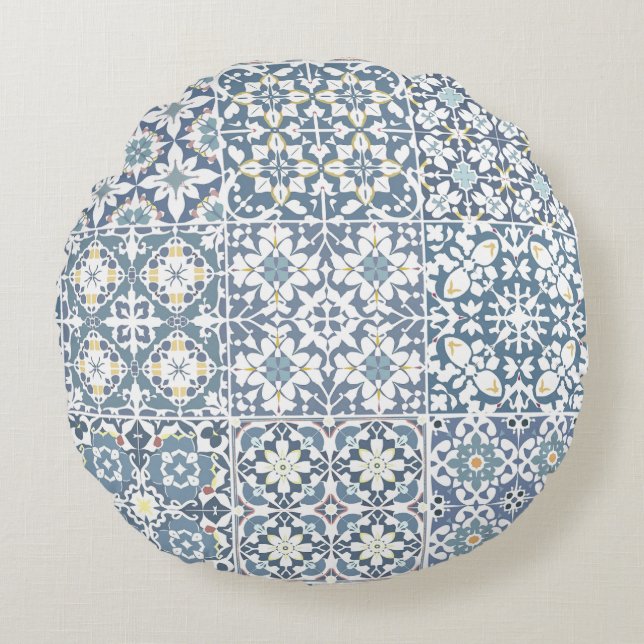 Almofada Redonda Mediterranean Tiles, Moroccan, Majolica, Azulejo (Frente)