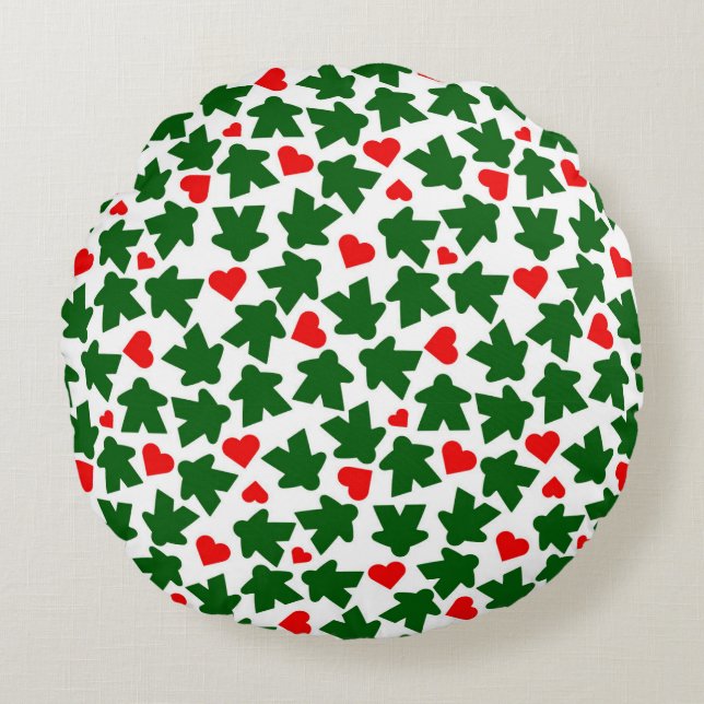 Almofada Redonda Meeple Verde com Coração Vermelho (Frente)
