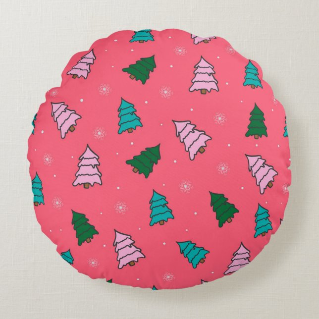 Almofada Redonda meio de papel tecidular padrão da árvore de natal (Frente)