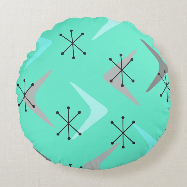 Almofada Redonda Meio século Boomerangs Starbursts Mint Green (Frente)