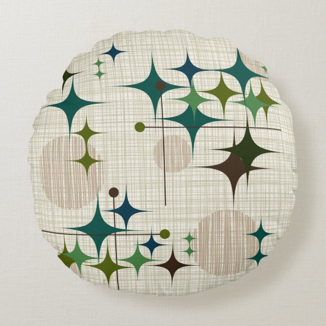 Almofada Redonda Meio século Starbursts moderno e globos (Frente)