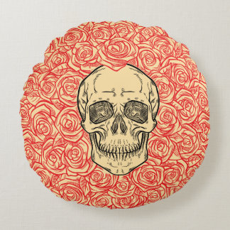 Almofada Redonda Memento Mori! Caveira e Rosas, Desenhado à Mão