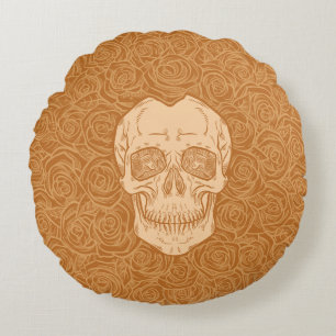 Almofada Redonda Memento Mori! Caveira e Rosas, Desenho Mão
