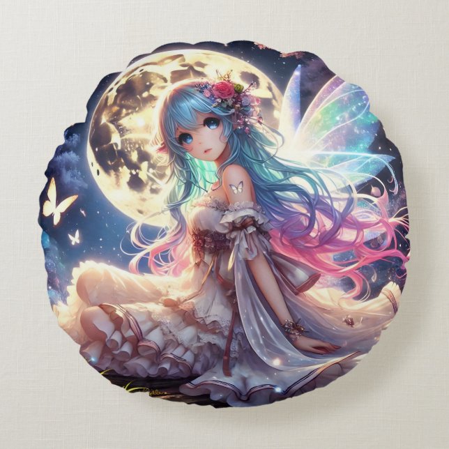 Almofada Redonda Menina Anime Fada Princesa da Lua no Jardim (Frente)