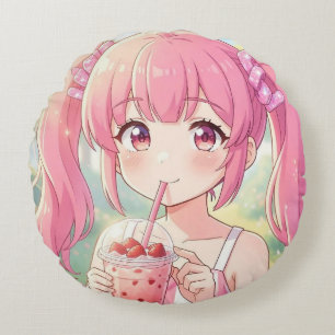 Almofada Redonda Menina Anime Fofa de Rosa Bebendo Chá de Bolhas
