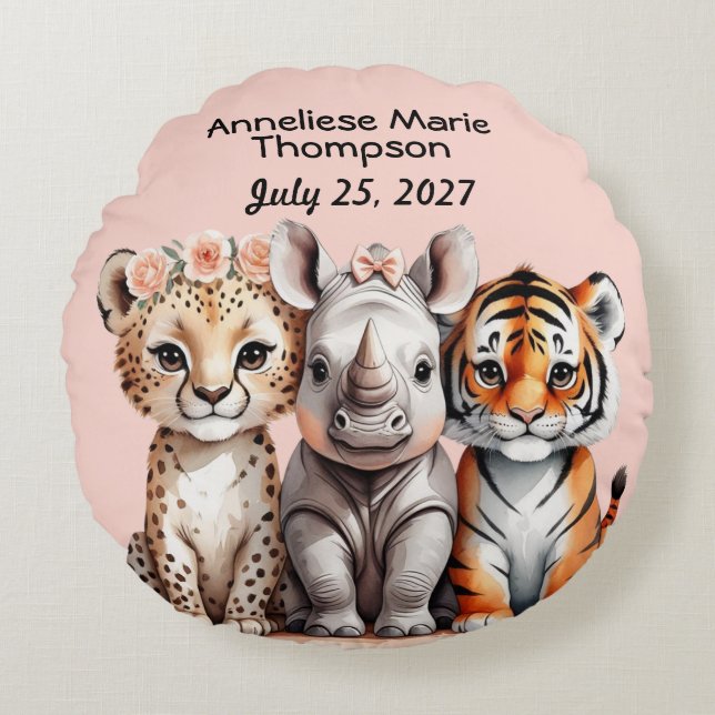 Almofada Redonda Menina Cofônica Personalizada Safari Novo Bebê (Frente)