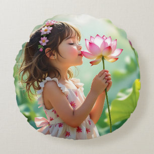 Almofada Redonda Menina Doce Cheirando uma Flor