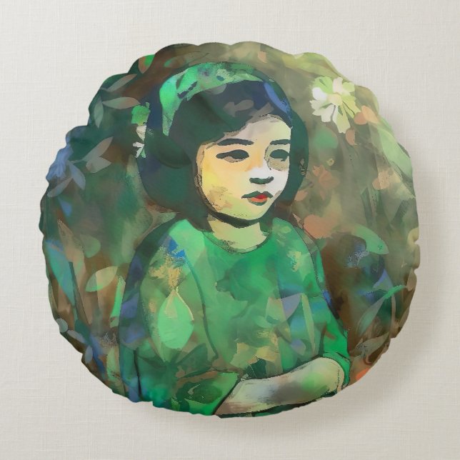 Almofada Redonda Menina em vestida verde (Frente)