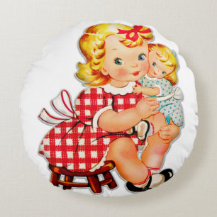 Almofada Redonda Menina retrô boneca vintage criança